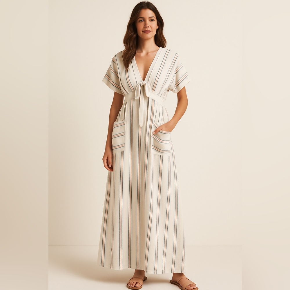 Happy Nature Striped Tie-Front Linen Striped Dress Size Medium Cream Navy Tan